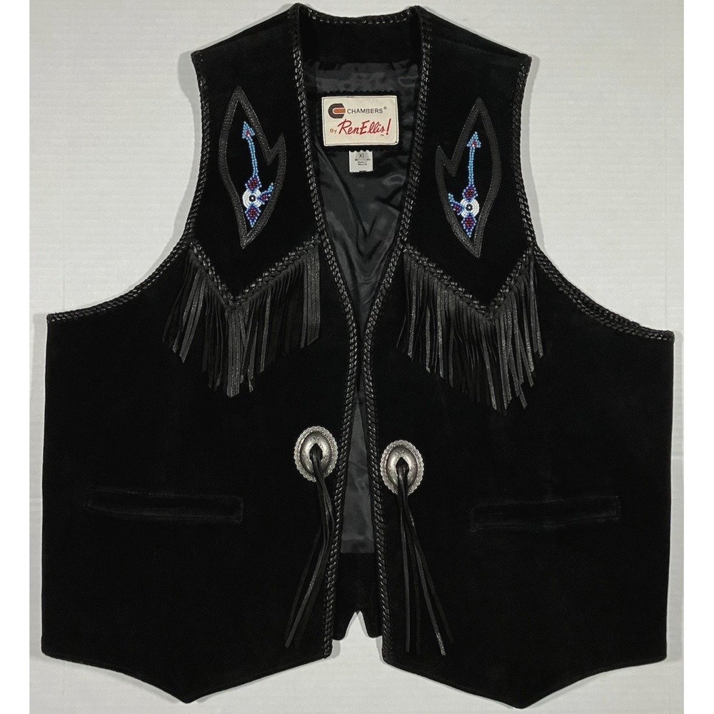 Ren Ellis Chambers Vest Black Leather With Tassel Conchos Vintage Mens Size XL